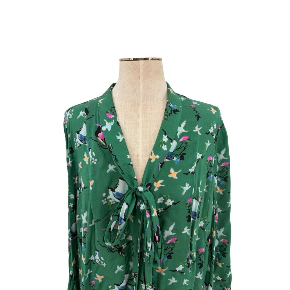 Anthropologie 20 of 52 Conversations Bird Print Tie Neck Blouse Green Size 12 - Picture 3 of 11